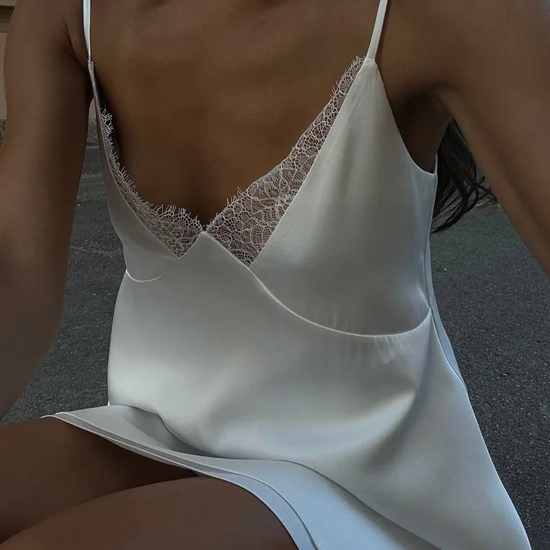 2025 vestido de satén de Color sólido combinación blanca falda de empalme de encaje vestido Sexy de tirantes finos con espalda abierta sin espalda