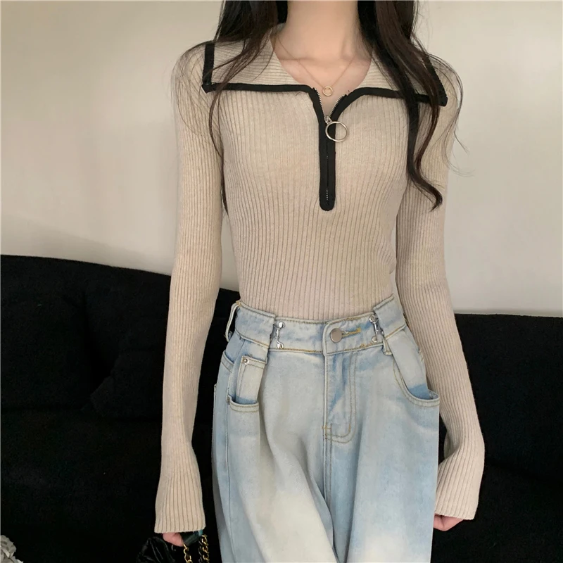 American Half Zipper Sweater Women Autumn Winter Vintage Chic Long Sleeve Knitted Pullover Simple Fashion Slim Warm Female Tops