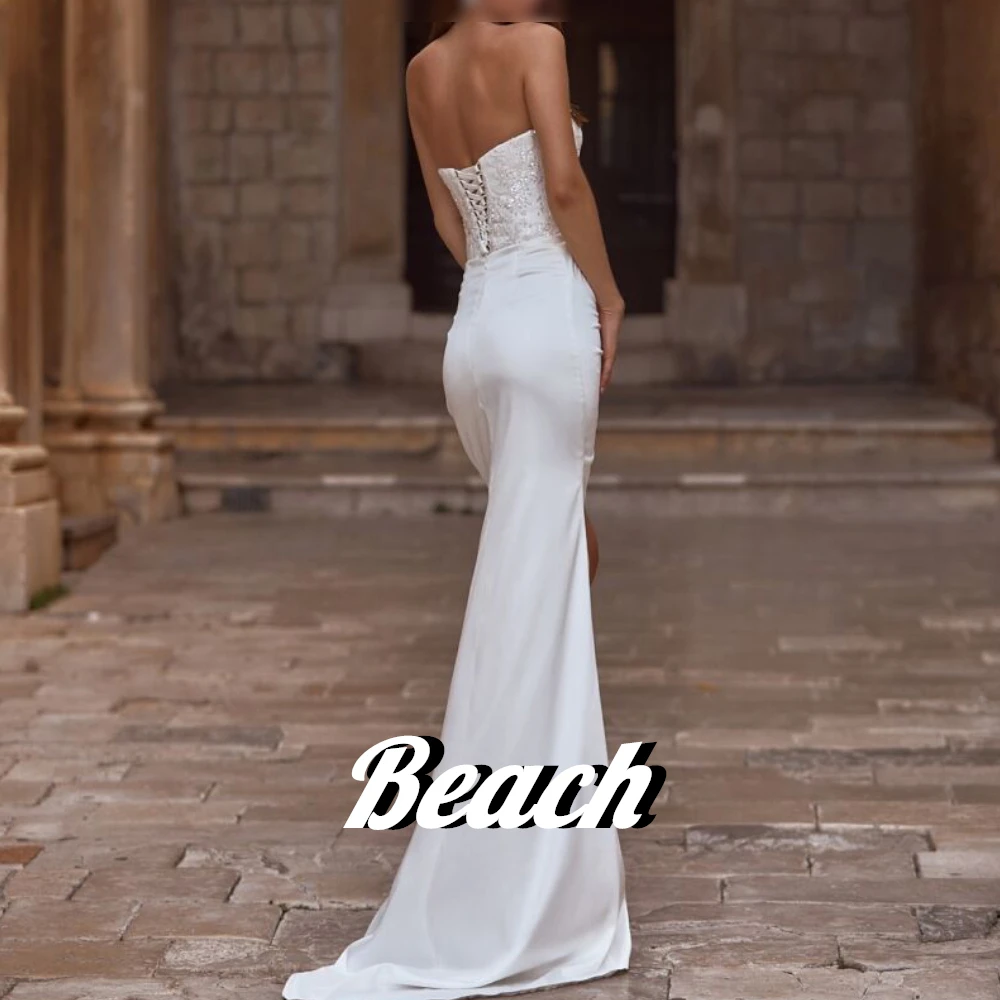 Beach Strapless Sleeveless Side Silt Lace up Back Sweep Train Floor Length Backless Empire 