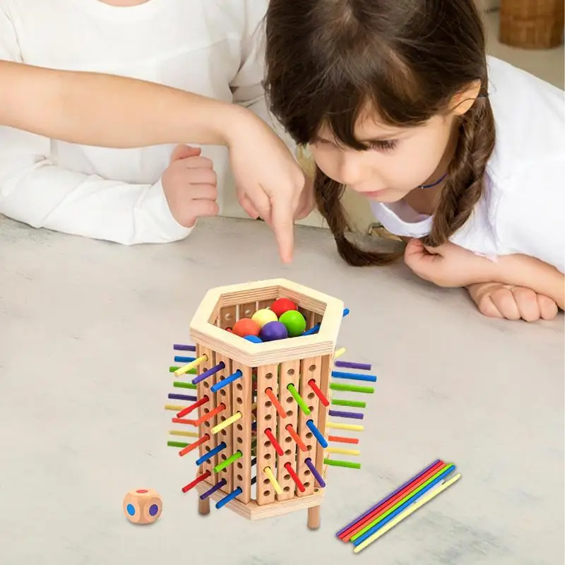 Stick Dice Game Wooden Ball Tower Stick Pick Up Game Wooden Board Games Fine Motor Skills Counting Math Educational Toys For 3