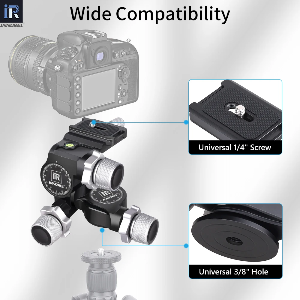 INNOREL GR5 CNC Aluminum Alloy High Precision 3 Way Geared Tripod Head Load Capacity 6kg，Net Weight 811g， for Photography Camera