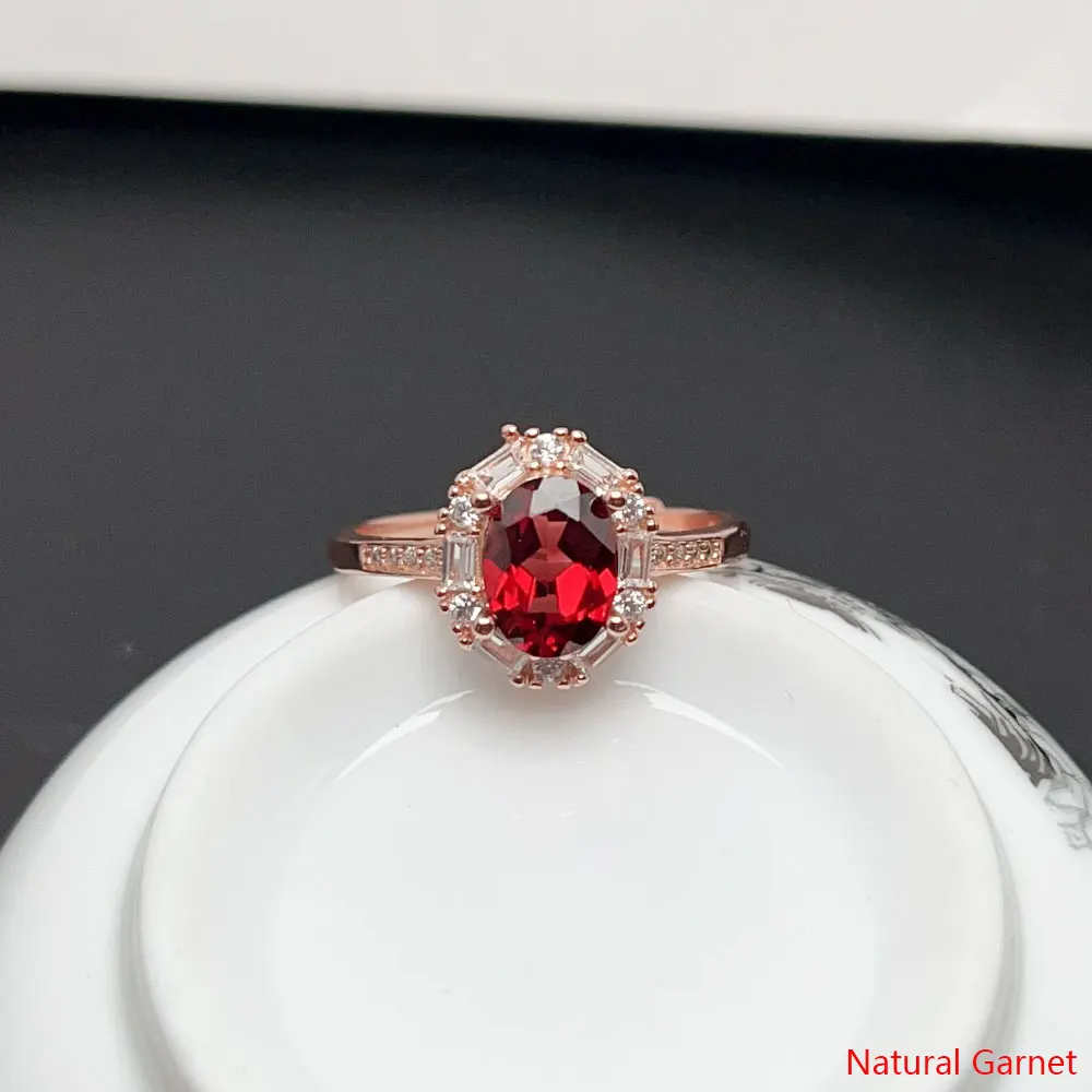 

6mm*8mm 1ct Natural Garnet Ring for Women Solid 925 Silver Garnet Jewelry with 3 Layers 18K Gold Plating