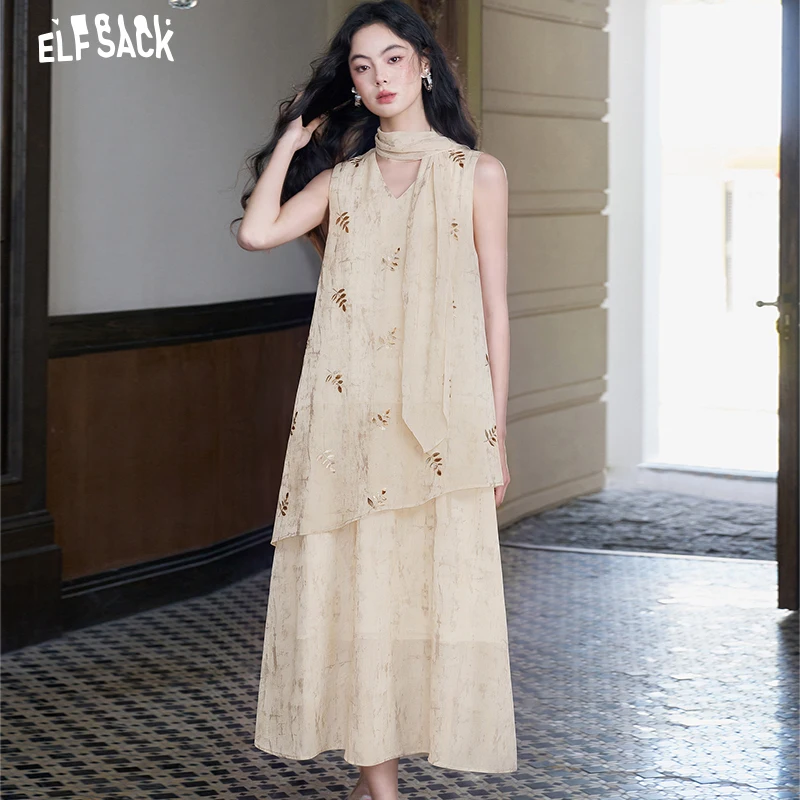

ELFSACK Women's Sleeveless V-Neck Maxi Dress, Allover Print Layered Loose Fit Long Dress, Casual Summer Flowy Beach Dress