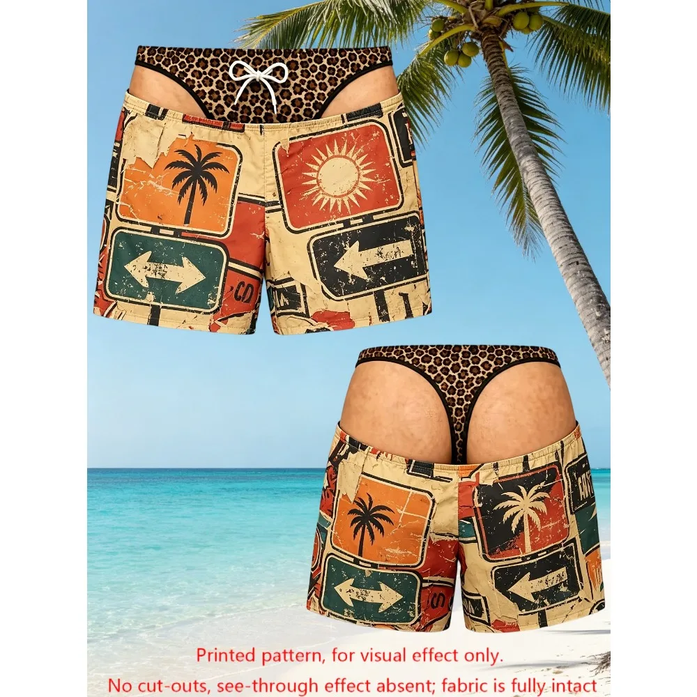 Funny Fake Leopard Bikini Waist Men Swim Trunks Vintage Road Sign Palm Print Quick Dry Beach Shorts Gag Gift