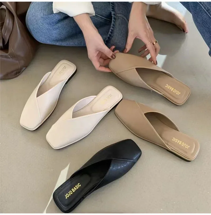 Women Mules Designer Square Toe 2024 Summer Ladies Fashion Slippers New Slides Female Outside Beach Shoes Big Size мюли женские