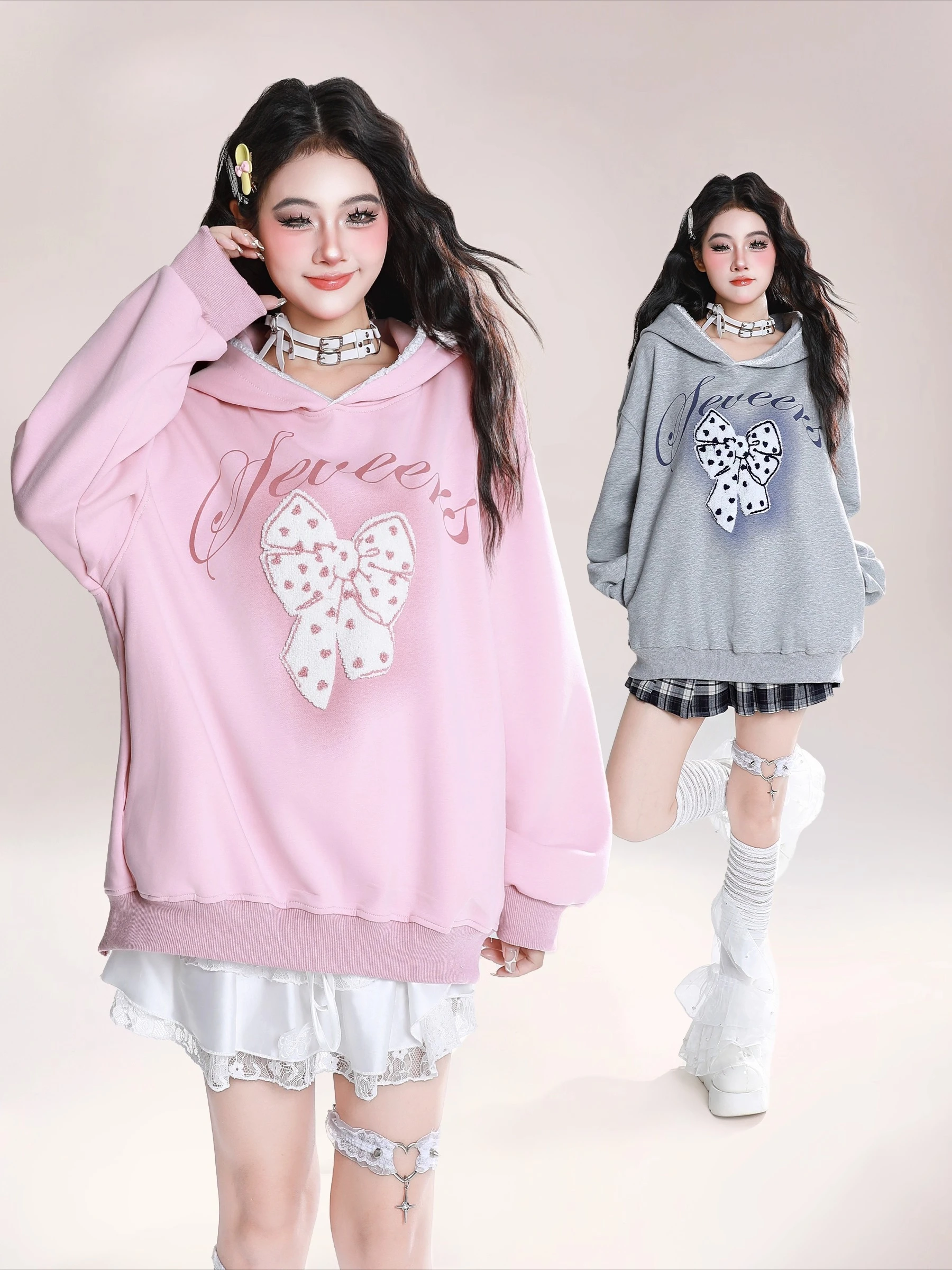 American Retro Fashion Sweet Cool Girl Flocked Bow Lace Hoodies Loose Lazy Casual Versatile Long Sleeve Sweatshirts Women Autumn
