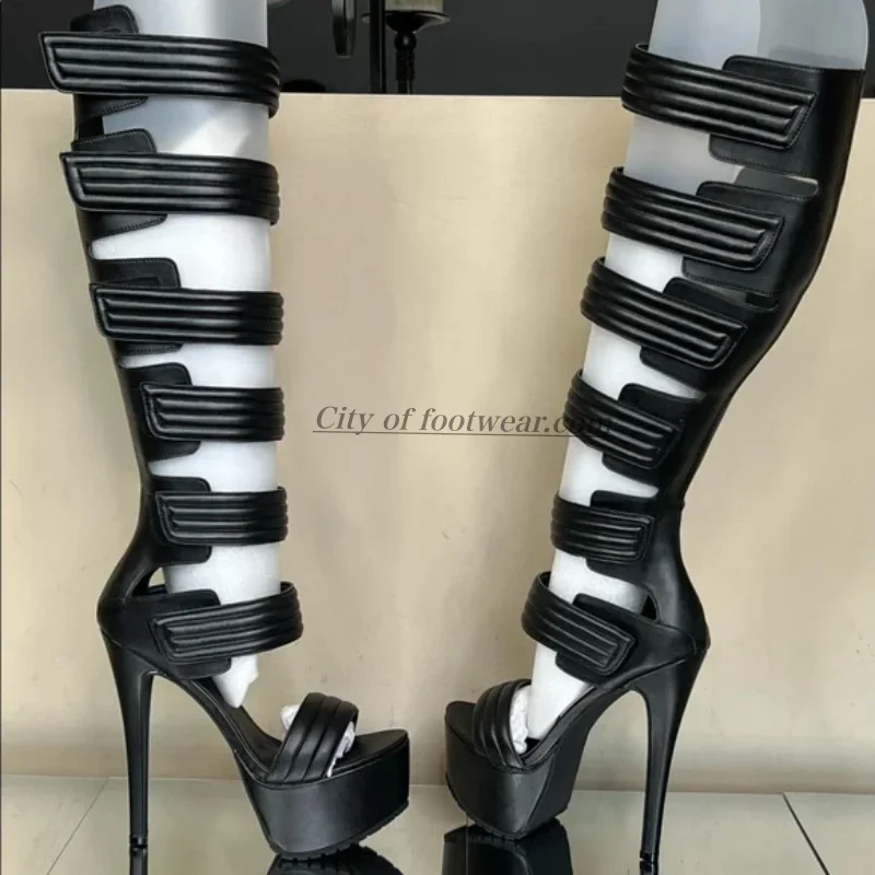 

Sexy Women‘s hollow out leather platform sandals cool black/white/pink high heels knee boots luxury designer strange shoes