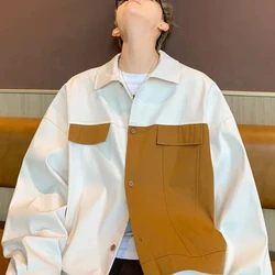 Retro Men's Spring Autumn Fashion Brand Color Blocking Splicing Square Collar Button Fashion Loose Casual Long Sleeved Jackets