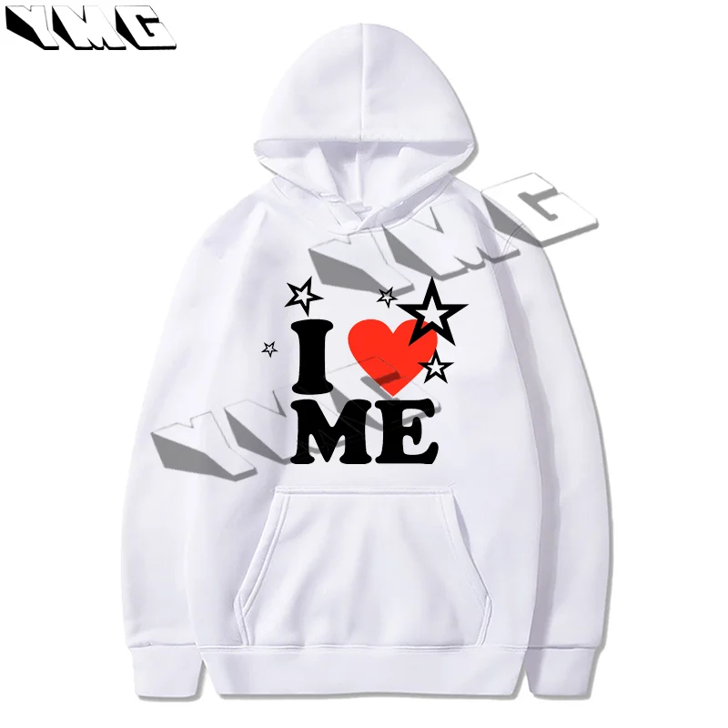 

I Love ME letter printed thick cotton hooded sweatshirt, autumn casual oversized loose hooded pullover, street hip-hop clothing