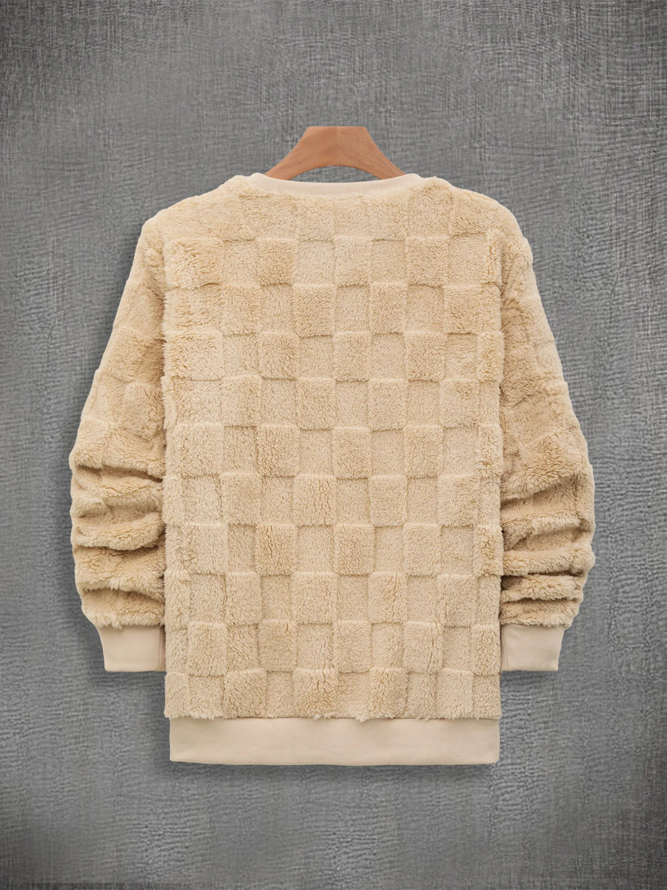 Men's Khaki Checkerboard Fleece Crewneck Sweatshirt Fall Winter Loose Casual Warm Top