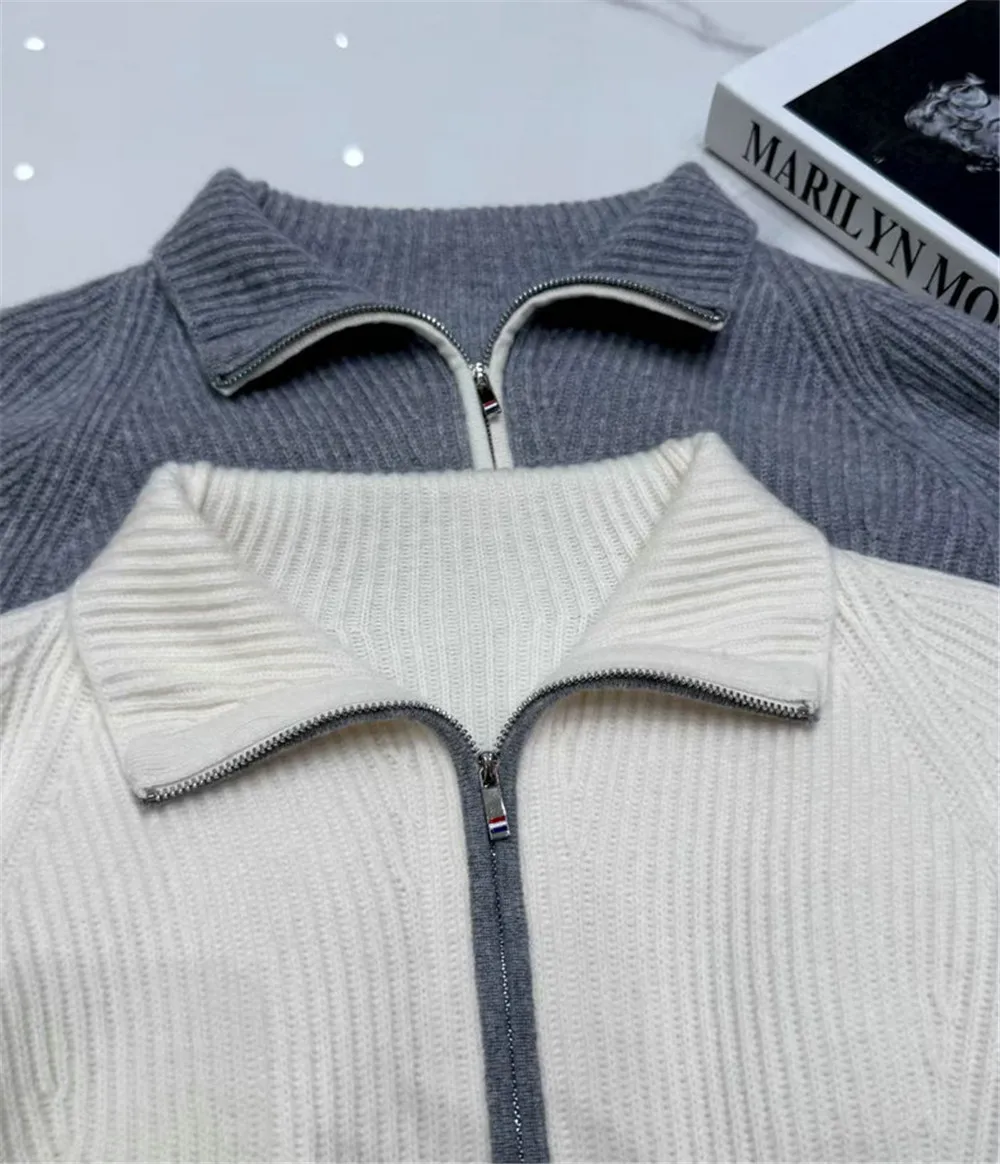 

25. осень/зима, новый стиль, контрастная шерстяная куртка с длинными рукавами и молнией, толстая вязаная женская куртка с лацканами