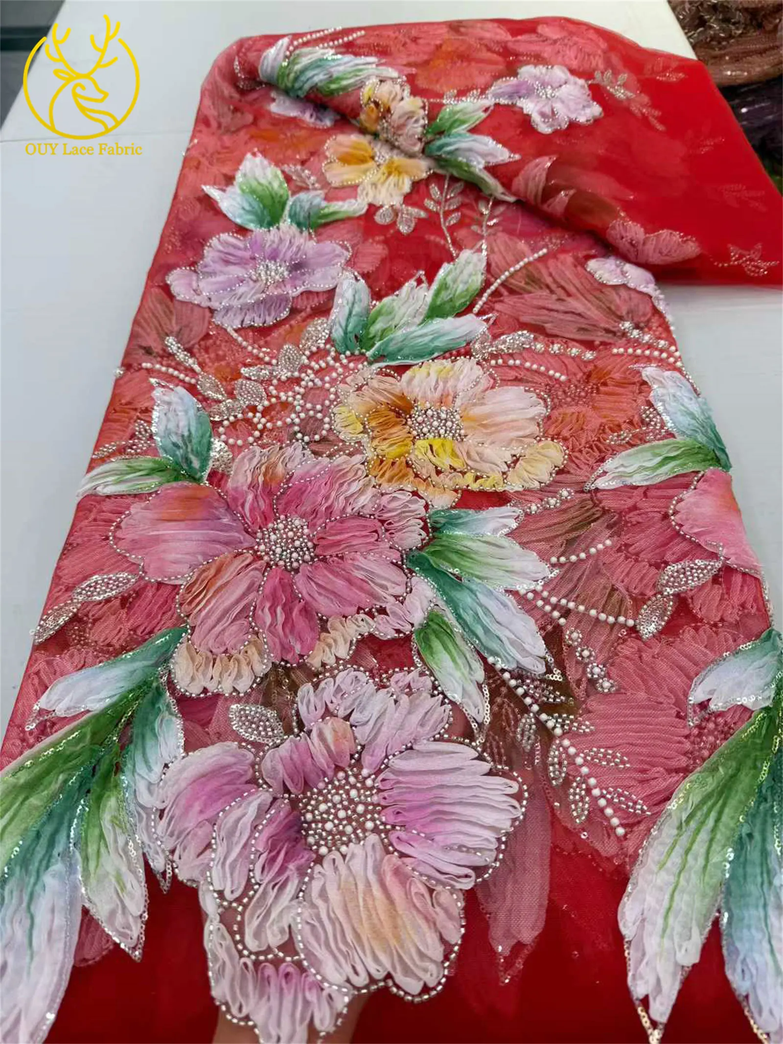 Afrika 3D-Blumenspitzenstoff 2026 Französischer Perlen-Pailletten-Spitzenstoff Nigeria Stickerei Tüll Spitze Brautparty Brautkleider – Detail 6