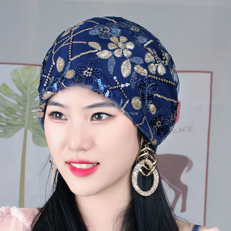 Spring Summer Women Sequins Lace Turban Hat Muslim Headdress Islamic Female Head Scarf Lady Breathable Hair Loss Beanie