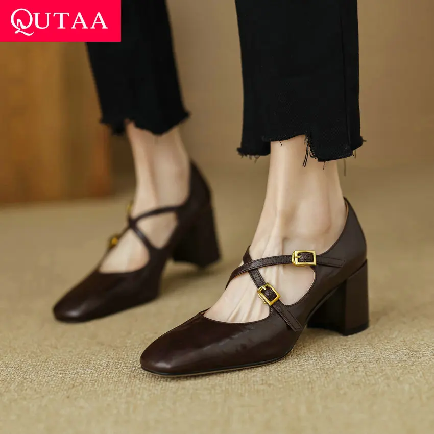 

QUTAA 2024 Women Pumps Thick High Heels Genuine Leather Platform Cross Strap Shoes Woman Summer Office Ladies Size 34-40