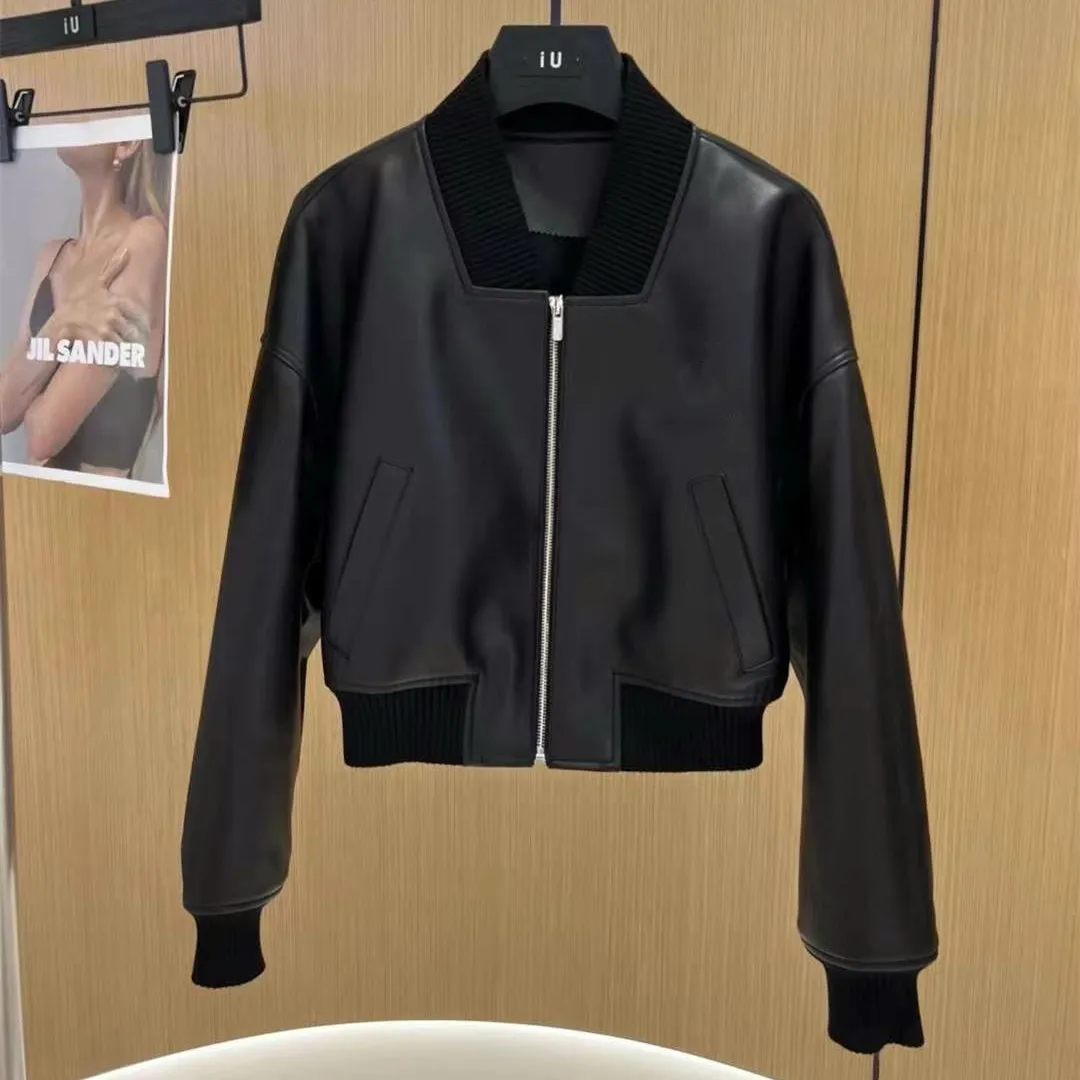 Nuova Giacca in Vera Pelle da Donna 2026, Moda Streetwear, Ampia con Spalle Scese, Colletto Alto, Corta, Casual, in Pelle di Pecora