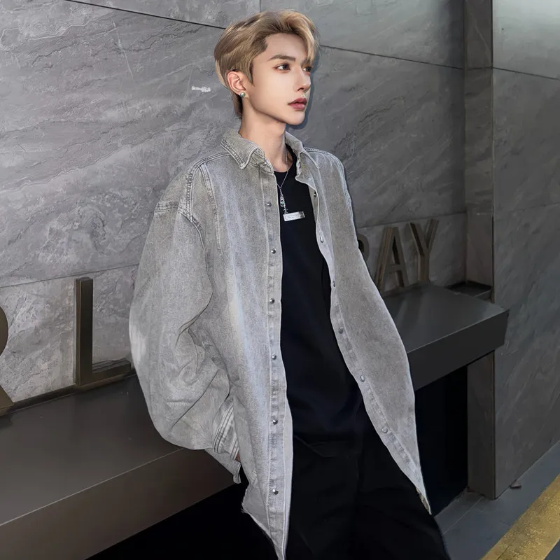 

Мужская джинсовая рубашка в стиле ретро-американский кэжуал, свободного кроя, с потертостями, для ранней осени