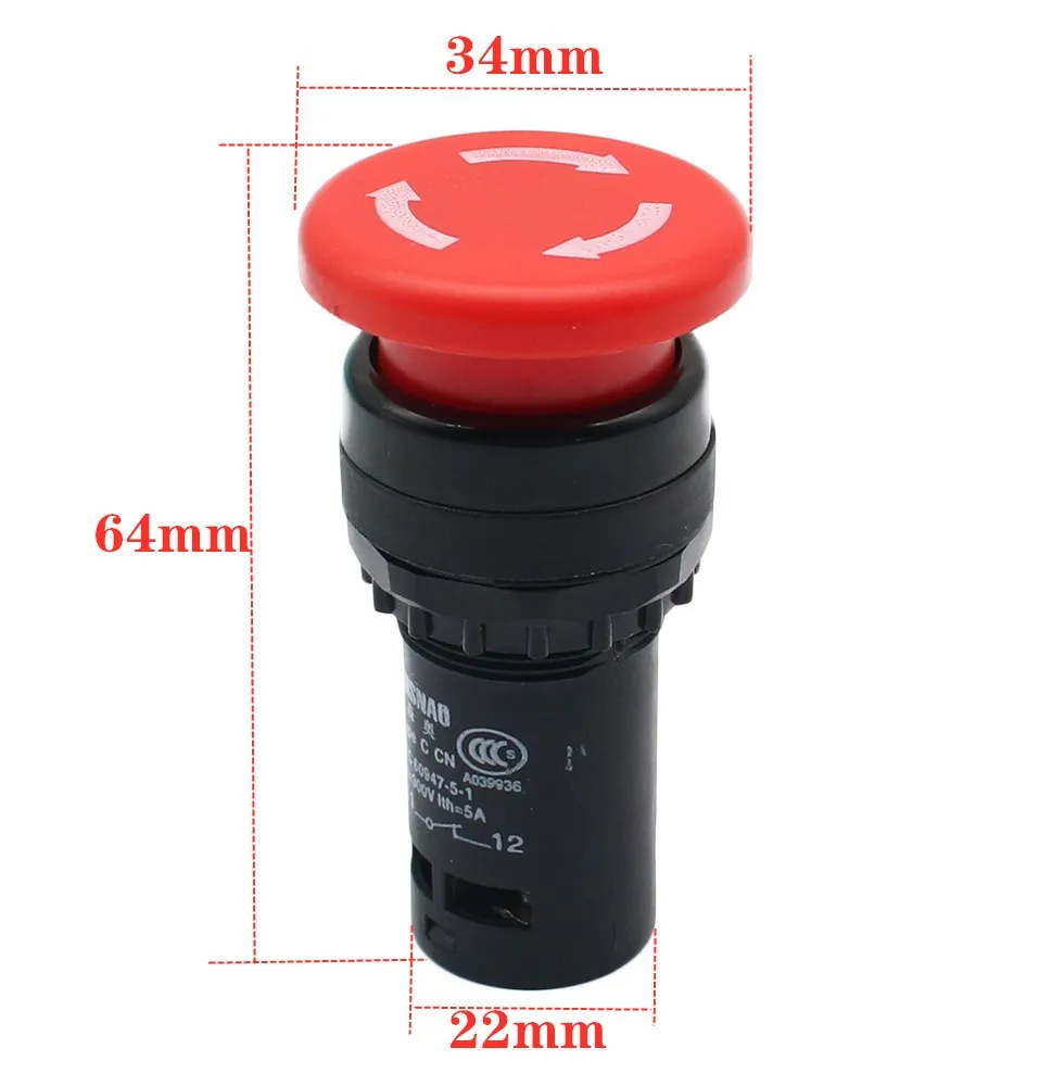 22mm Economical LA38-11/206A Button Switch Knob Switch Emergency Stop Switch Normal Open + Normal Close