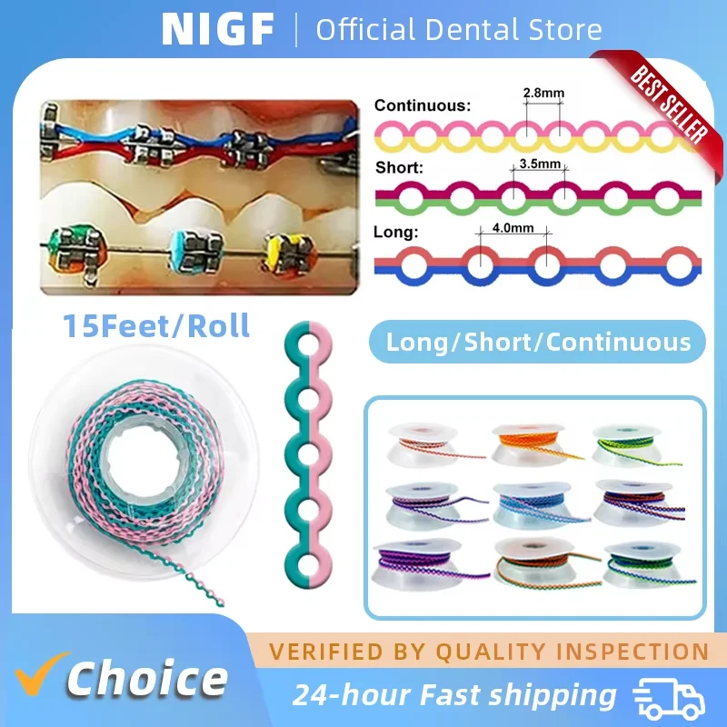 4,5 m/rollo de cadenas dentales elásticas, bandas de goma de cadena ultrapotente de ortodoncia para aparatos dentales, largo, corto, continuo, medio