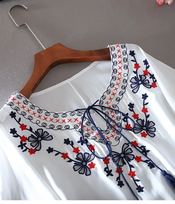 Summer Dress 2022 Fashion Floral Embroidery Women White Dress Batwing O-Neck Bohemian Casual Boho Dresses Vestidos Clothing