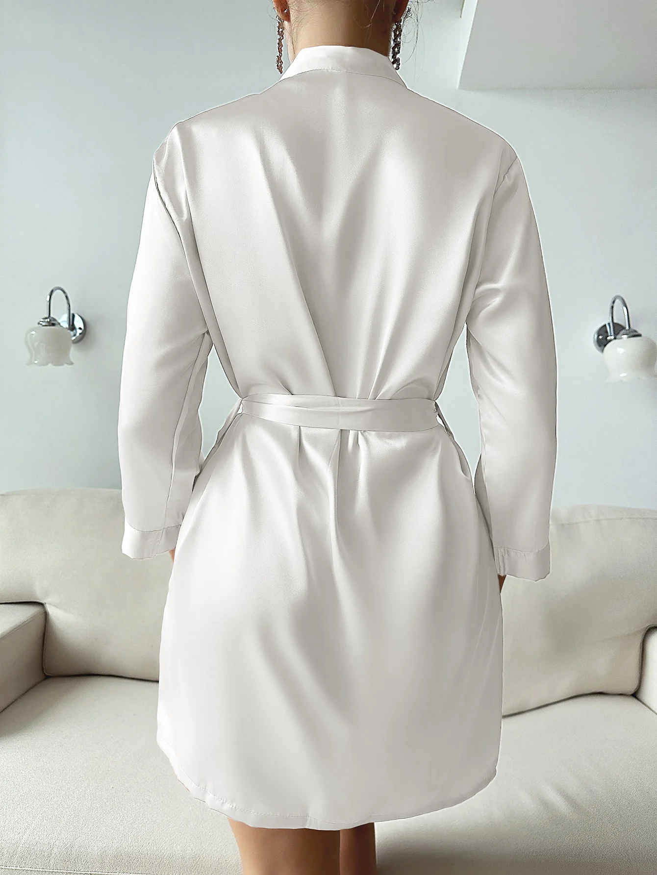 Solid Satin Night Robe Long Sleeve V Neck Robe With Belt  Women's Sleepwear