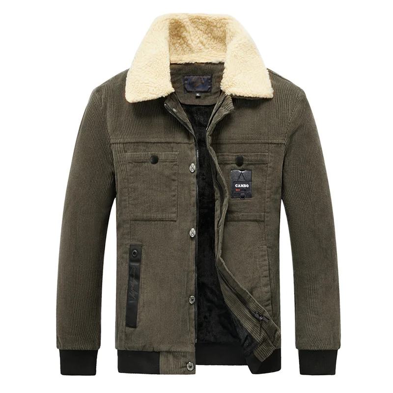 

Winter Men's Fur Collar Corduroy Jacket Thickened Fleece Lining Cargo Coats Casual Warm Outerwer for Male