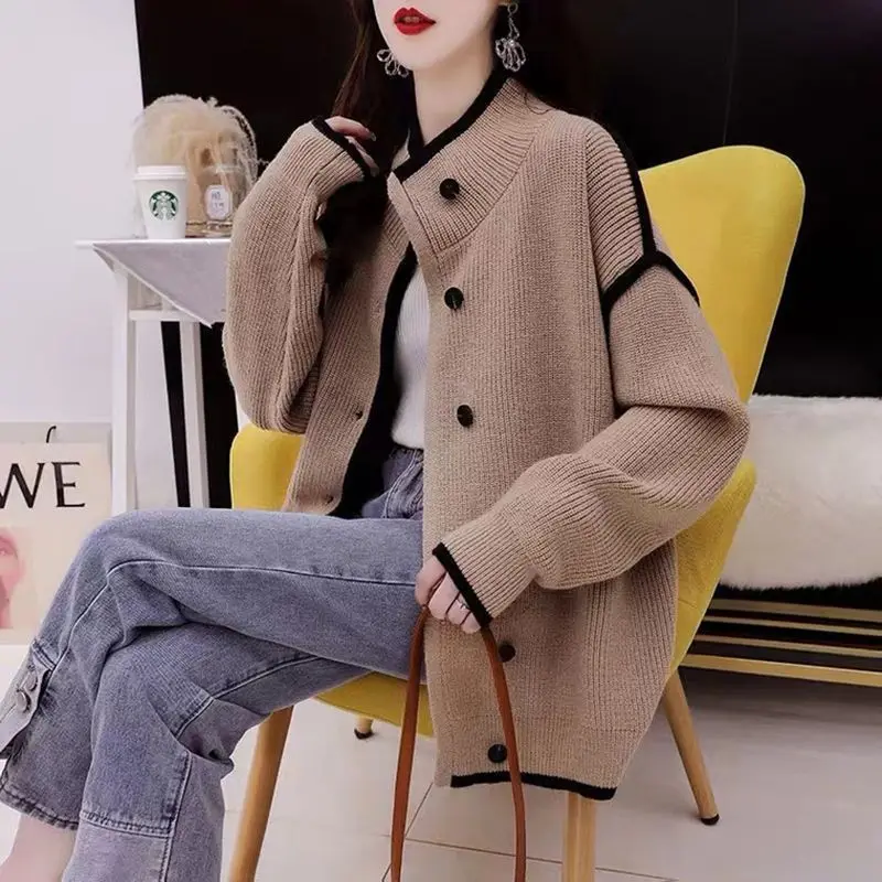 

Autumn Winter New Fashion Stand Collar Long Sleeve Color Blocking Women's Clothing Korean Button Knitting All-match Trend Tops