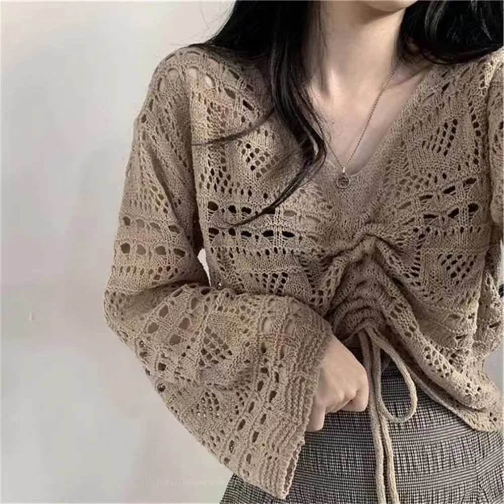 2024 Korean Fashion Cropped Lace-up Design Pure Hollow Out Knitwear All-match Simple Tops Sweaters Women Spring College