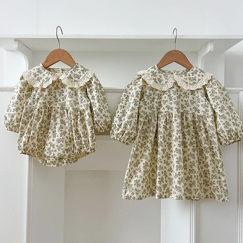 0-6 سنوات شقيقة مطابقة الزي فستان الأميرة فتيات صغيرات يتدربن على المشي زهرة فساتين الدانتيل الخريف فتاة طفل رومبير الأزرق الأميرة رومبير