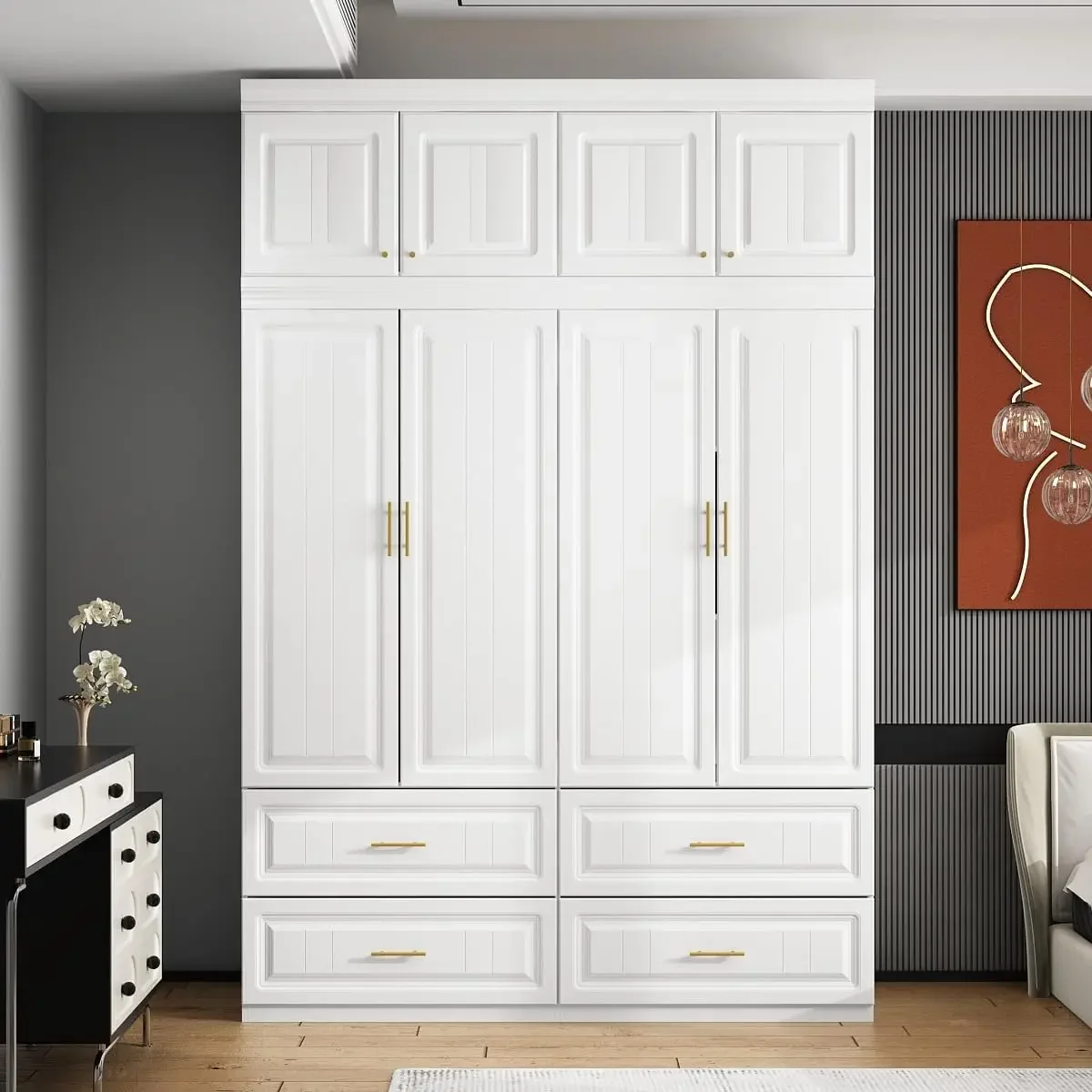 4 Door Wardrobe Closet with Drawers Shelves Armoire Closet with Hanging Rod Wardrobe Cabinet with Gold Metal Handles Top Cube