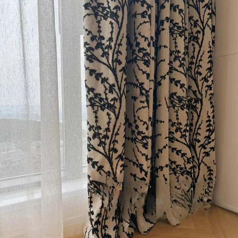 French Niche Patterned Curtains Black Three-dimensional Snow Willow Jacquard Window Curtains Shading High-end Jacquard Curtains