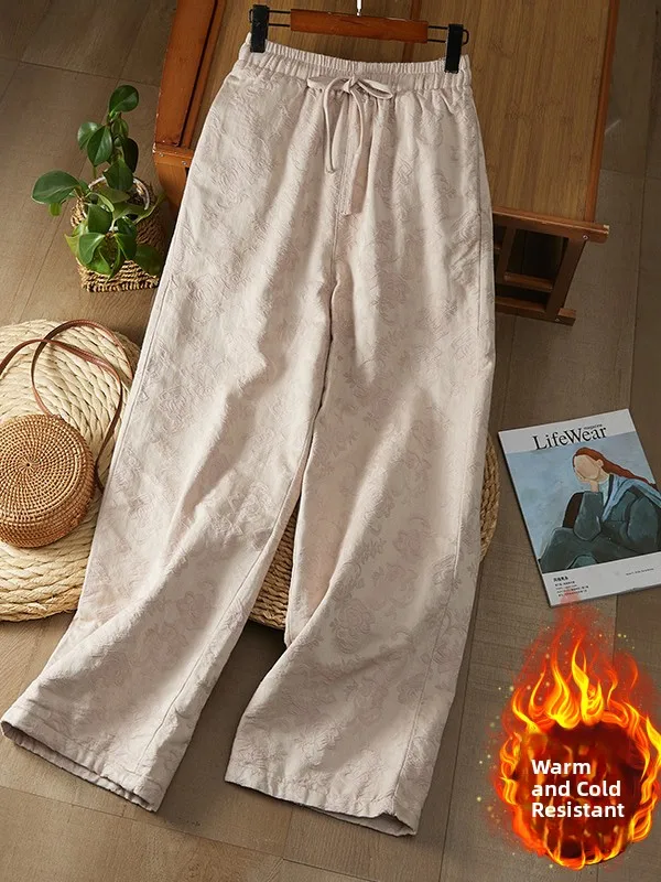 

New Chinese Sle Embroidered Cotton Pants plus Size Women's Winter Vintage Loose Slimming Casual Thiened Cotton Wide Leg P...