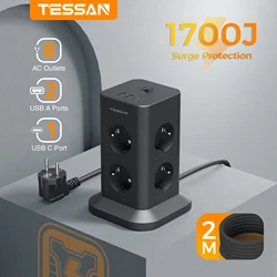 TESSAN Multiple Socket Power Strip with 8 Outlets +2 USB +1 Type C Vertical Tower Socket with 2M Extension Cord Surge Protection