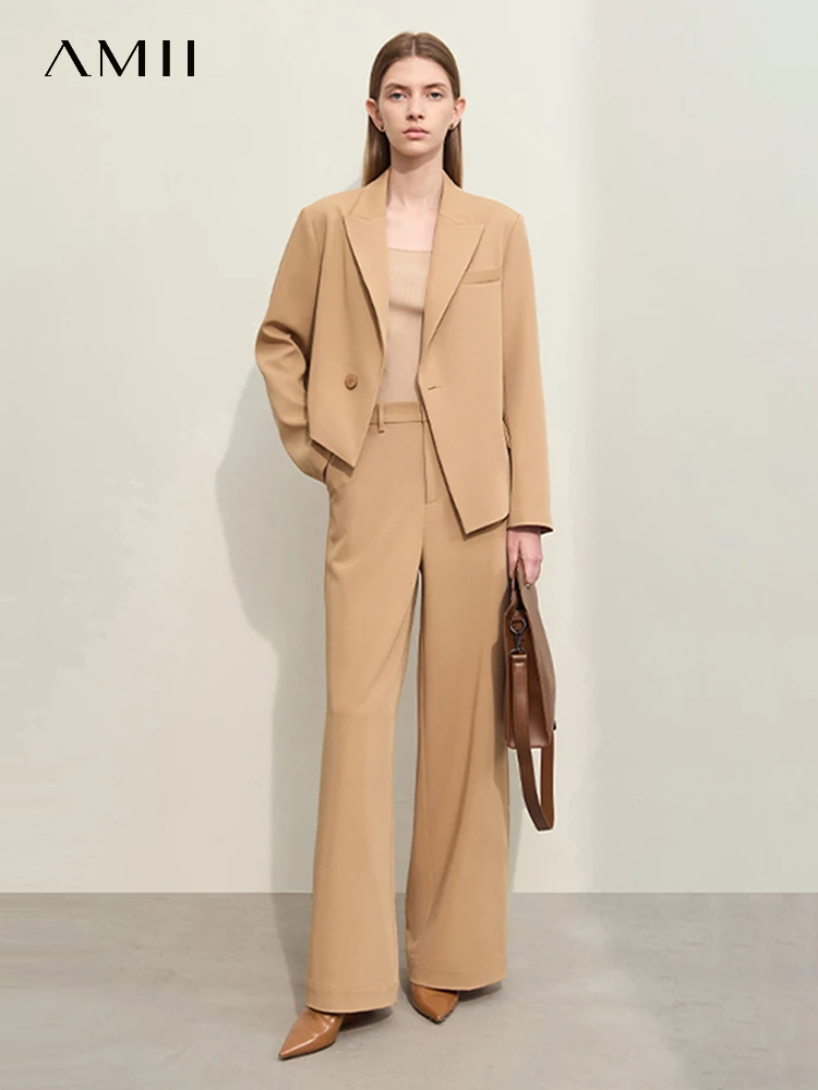 

AMII Minimalism 2024 Women Straight Blazers Solid Casual Wide-leg Pants Female Notched Spring New Commuter Asymmetric 12451004