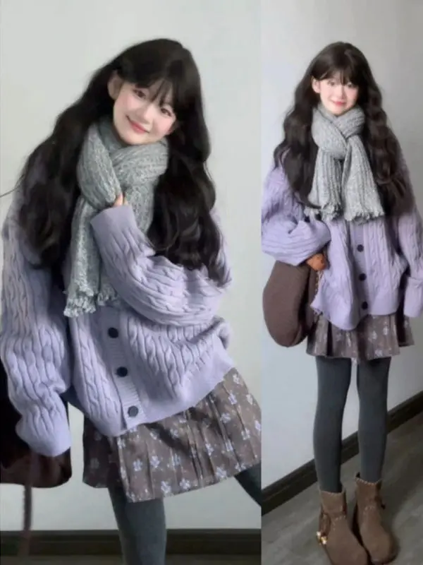 

Мягкий фиолетовый вязаный свитер с V-образным вырезом, модный зимний кардиган в корейском стиле, свободного кроя, маленький размер...