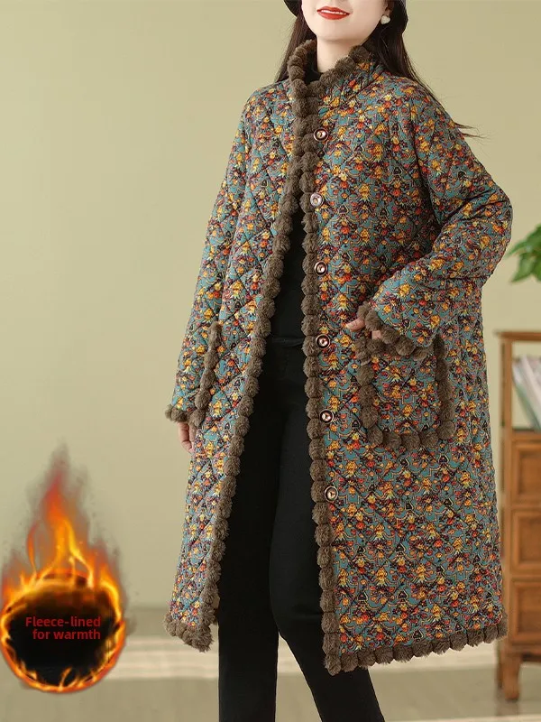 

Теплая куртка-пальто средней длины с флисовой подкладкой, воротником-стойкой, в этническом стиле, утепленная, из хлопка, для осени и зимы