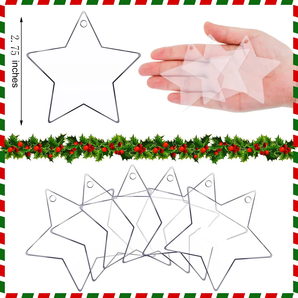 20pcs 2.75inch Star Clear Acrylic Christmas Ornament DIY Christmas Tree Acrylic Tags with Hole for Christmas Bauble Tree Hanging