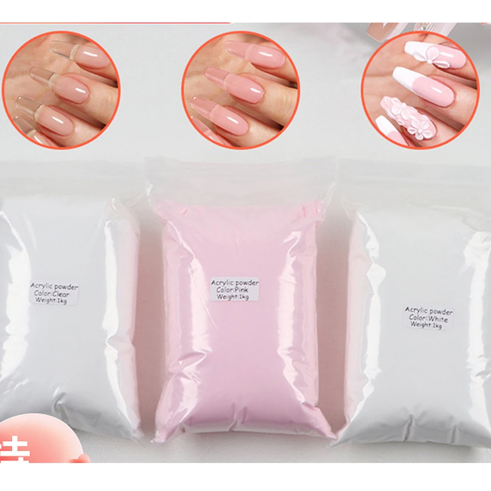 1KG Professional EMA White Clear Pink Acrylic Powder 3-Colors Nude Pink Extension Builder Powder DIY Bulk Acrylic Crystal Powder