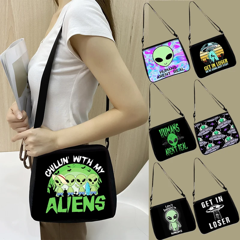 Alien L Want To Believe Pattern Shoulder Bag Women Handbags for Travel Ufo Logo Phone Purse Holder Harajuku Shopper Bags Gift