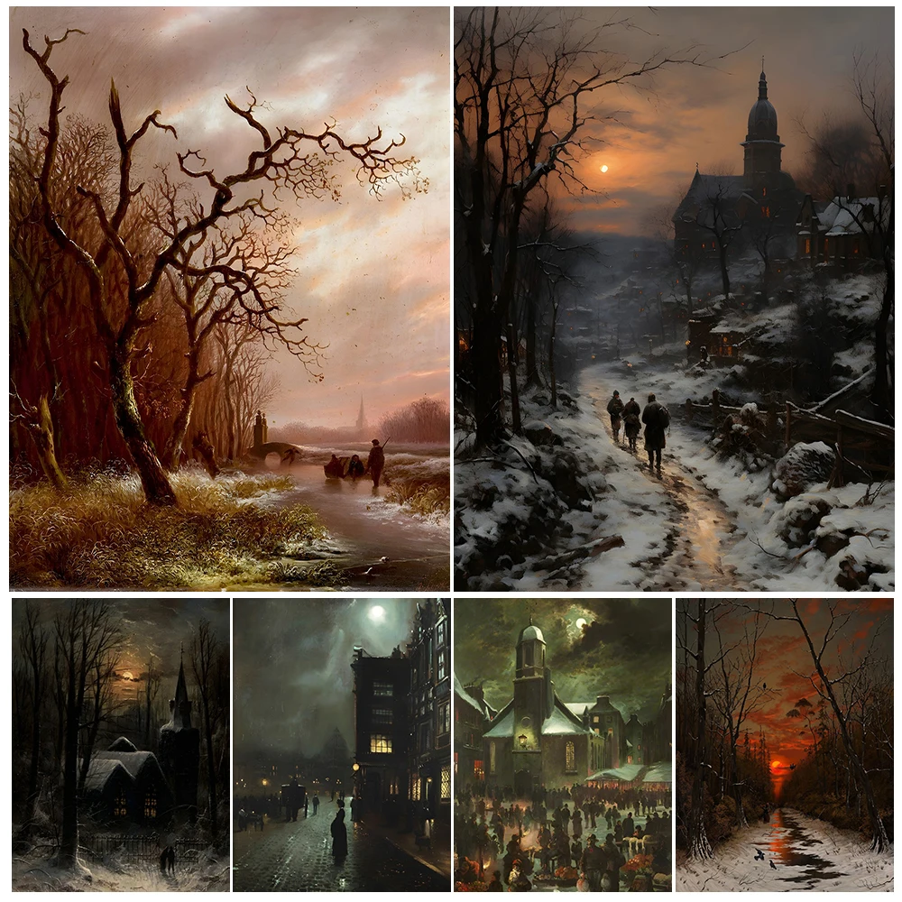 

Victorian Village And City Night View Oil Painting Wall Art Canvas Print Full Moon And Quiet Night Landscape Art Poster Print