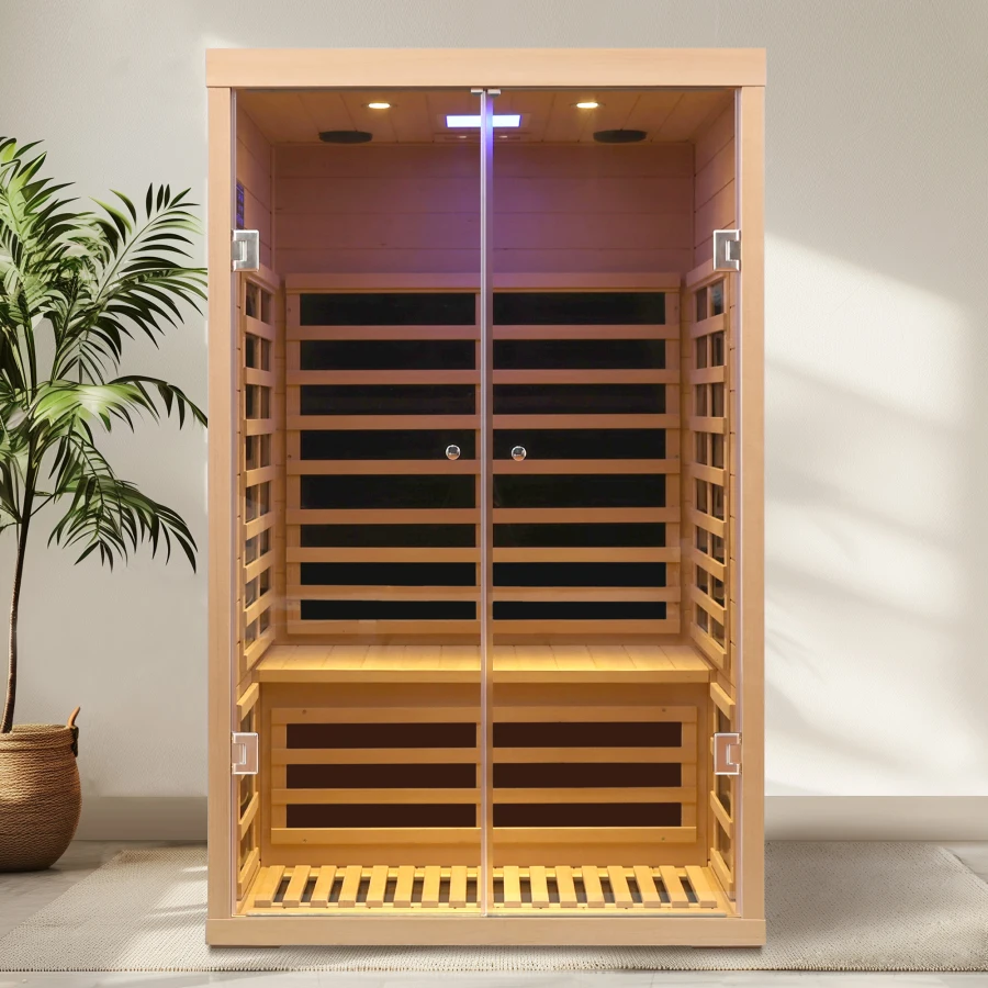 

Low EMF Two person wide space hemlock double doors great glass luxury indoor Far infrared sauna room