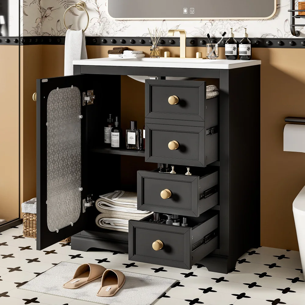 30-inch Bathroom Vanity with A Soft Close Glass Door, Adjustable Shelves, and Three Drawers Bedroom Furniture