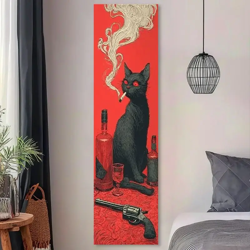 VIKAMA Smoking Black Cat Wall Runner Long Tapestry Vintage Red Noir Vertical Banner for Bedroom Living Room Bar Pub Decor
