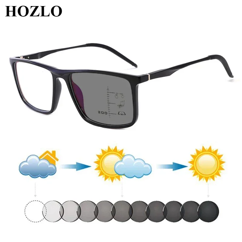 

New Men TR90+Aluminum Magnesium Legs Photochromic Progressive Reading Sunglasses Women Square Hyperopia Spectacles Dark Glasses