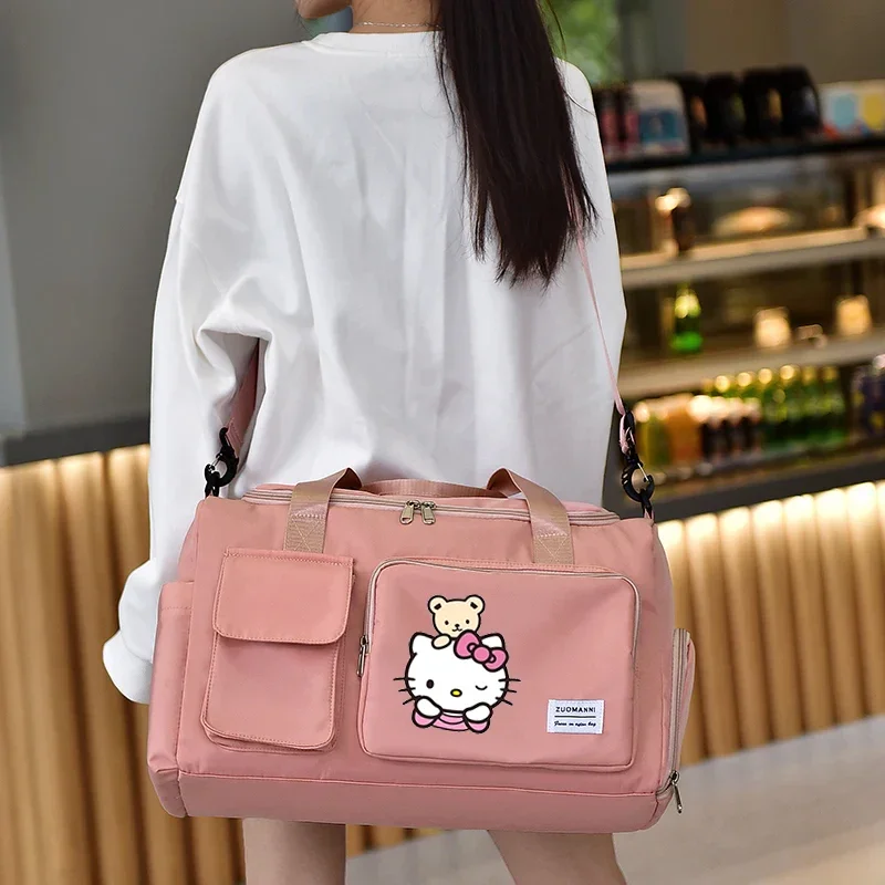 Hello Kitty Women Carry on Travel Bags Anime Sanrio Large Gym Weekend Duffle Bags with Shoe Compartment Sport Fitness HandBag