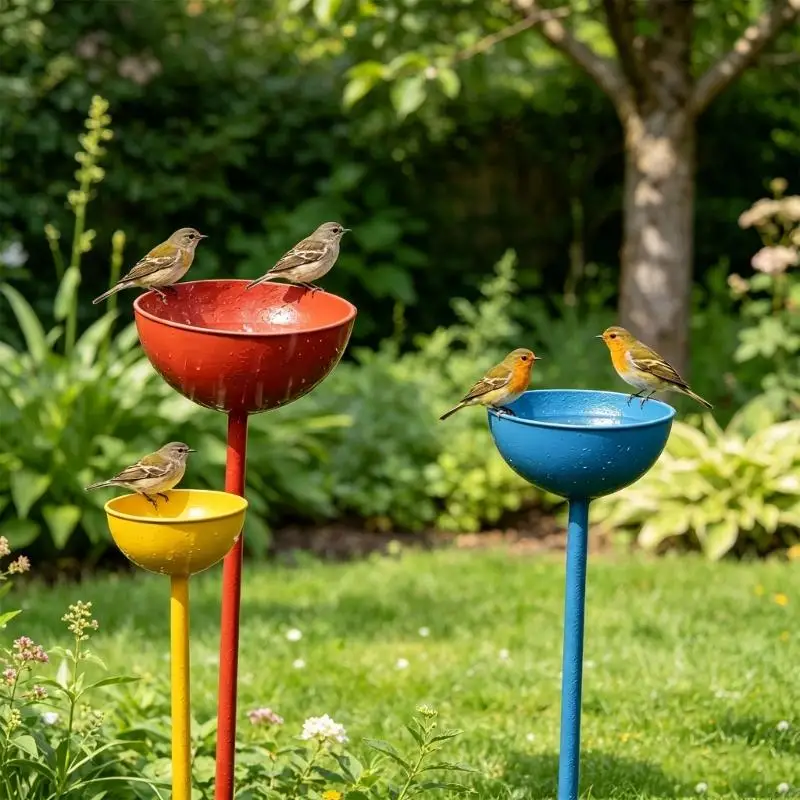 Lawn Bird Bath Bowl Stand Set, Metal 3 Pack Garden Stakes for Water, Small Rainwater Collection, Backyard Edges, and Wildlife