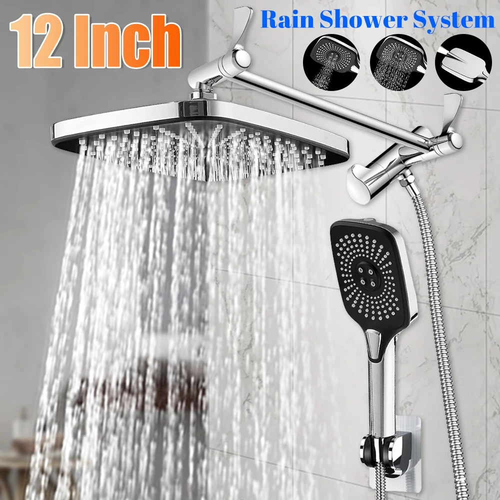 

12-дюймовый набор смесителей для душа для ванной комнаты, 3 + 1 настройка, латунный удлинитель, верхний спрей, ручное настенное крепление, прочный для ежедневного использования