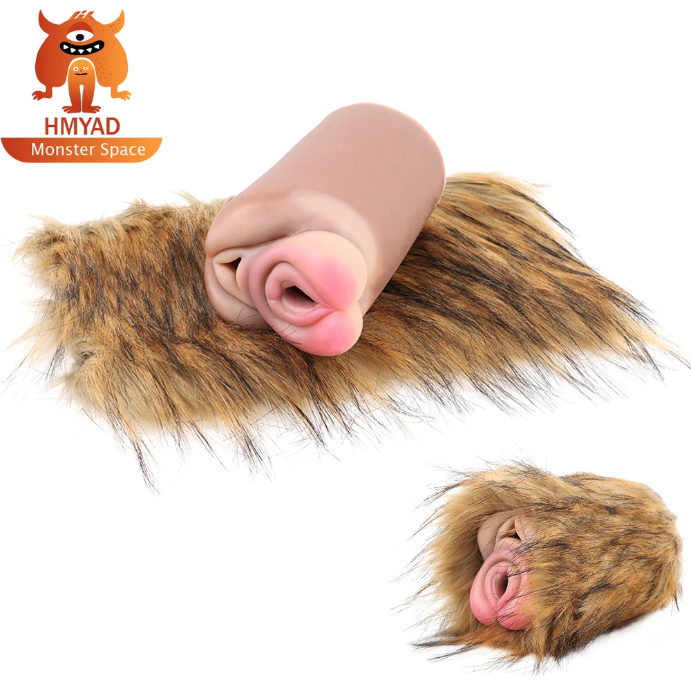 HMYAD Fantasy Tiger Pocket Pussy With Fur Open-ended Male Masturbator Silicone Lifelike Vagina Anal Stroker Sex Toy For Men