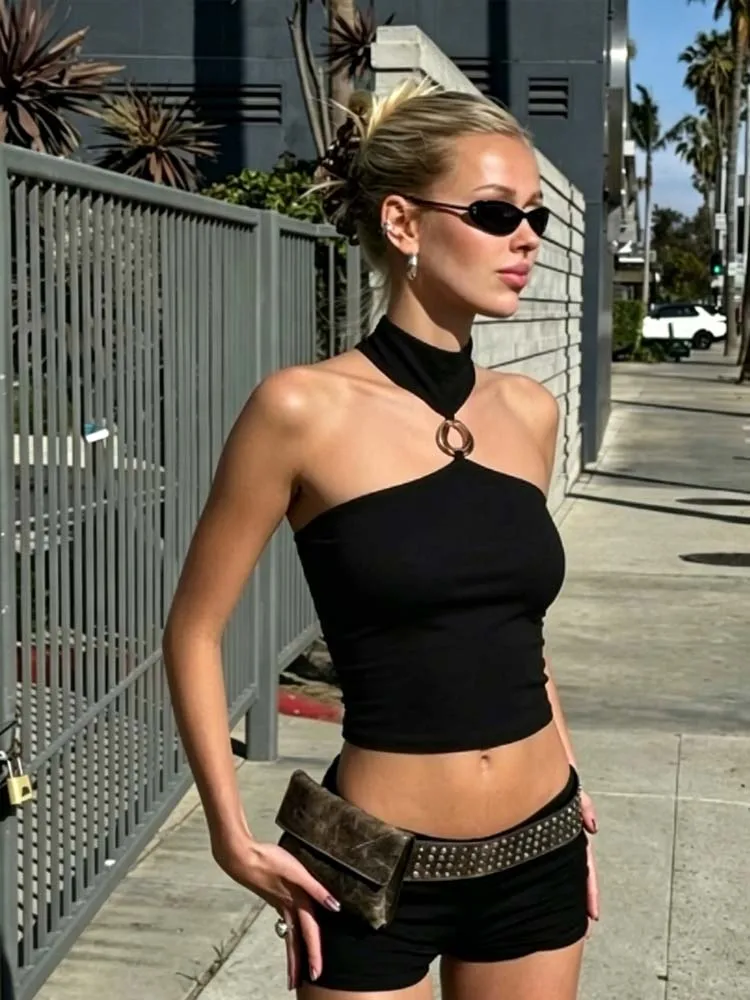 Women's Turtleneck Tank Top with Metal Buckle Decoration Off-Shoulder Skinny Stretch Wild Style Solid Color Street Fashion Outfi