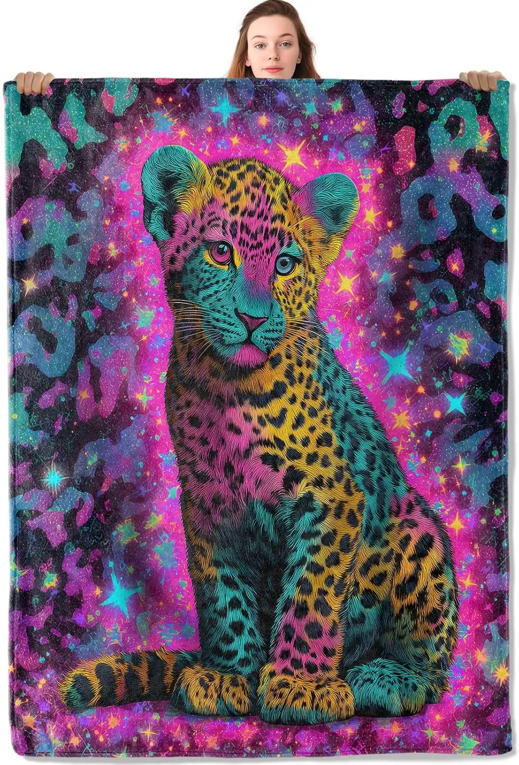 Galaxy leopard blanket colorful animal cosmic design soft throw fantasy wildlife print bedroom decor psychedelic home textile