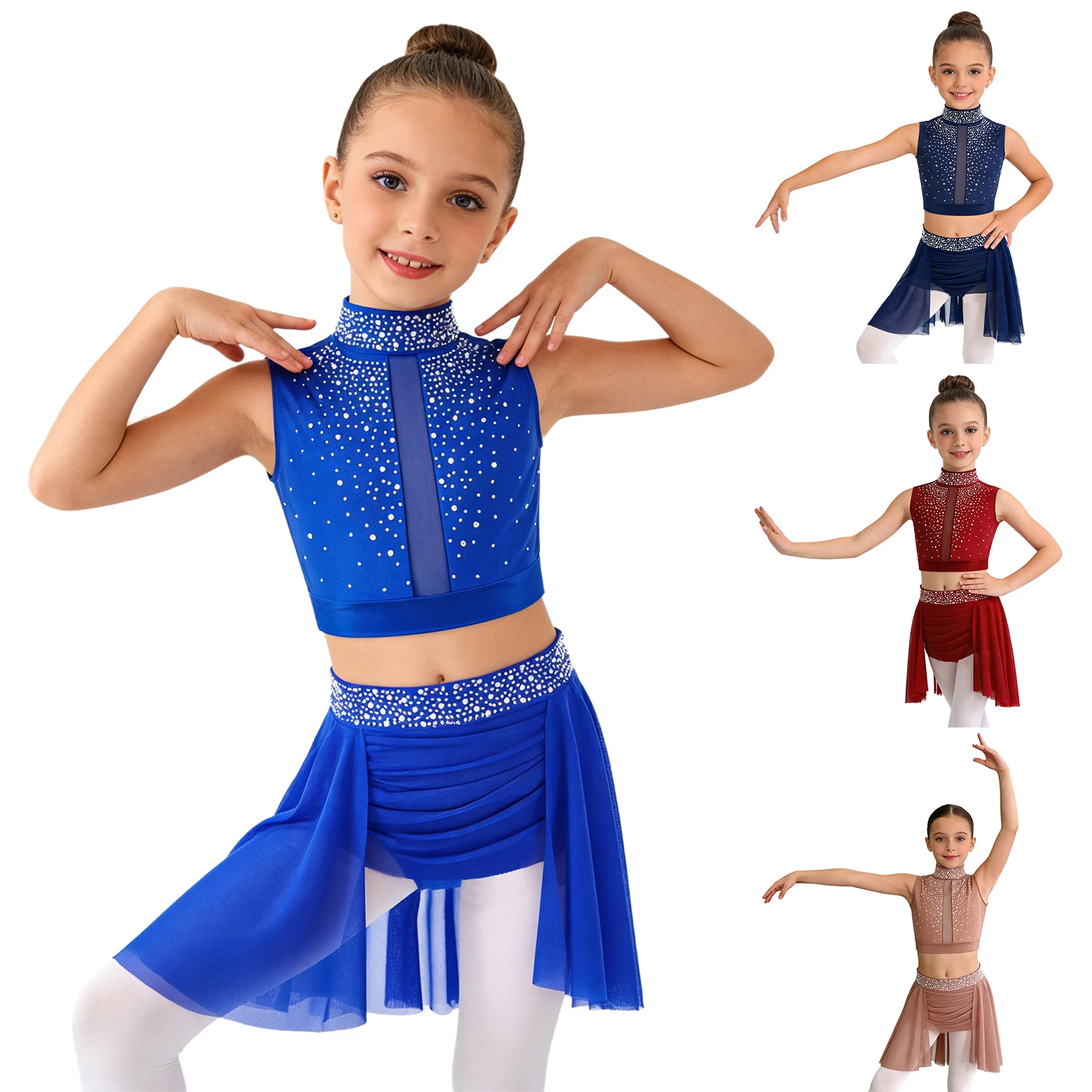 Kids Girls Latin Modern Lyrical Dance Suit Outfit Rhinestones Crop Top+Skirt for Ballet Gymnastics Belly Performance Costumes